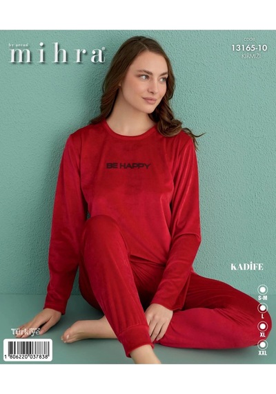Mihra 13165-10 Kırmızı Bee Happy Paçası Lastikli Kadife Pijama Takım