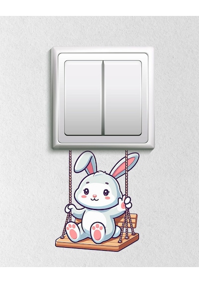 Sevimli Tavşan Salıncakta Dekoratif Priz, Anahtar Sticker 12x10 Cm