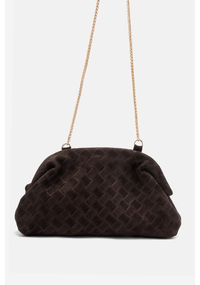 Dericlub Althea Kadın Örgü Desenli Clutch El Çantası Gerçek Süet Deri Kahverengi
