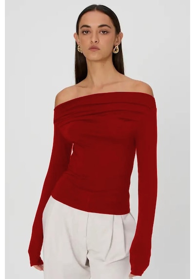 Seeh Kırmızı Kayık Yaka Büzgülü Kadın Body Sh225