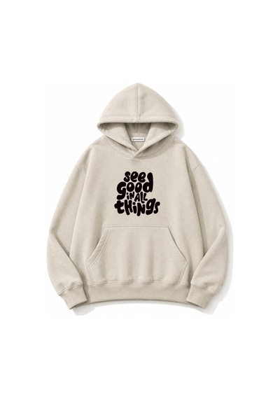 Herkesemoda See Good Baskılı Kanguru Cepli Oversize Sweatshirt Bej