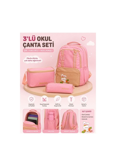 Pink 3 Lü Çanta Okul İlkokul Seti Kalemlik Çanta Beslenme Termoslu Çantası 40 Cm Su Dayanıklı Pembe