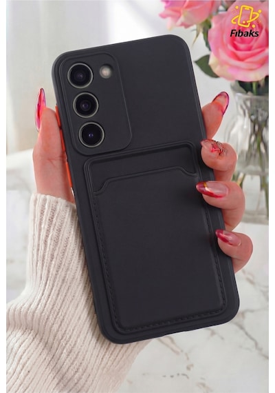 Fibaks Galaxy S23 Uyumlu Kılıf Kamera Korumalı Arkası Kartlıklı Cüzdanlı Kırmızı Tuşlu Siyah Silikon Kapak