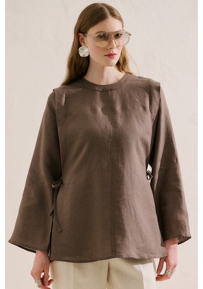Manuka Keten Bağlamalı Geniş Kol Tunik Vizon Ss26tnk00007-0001