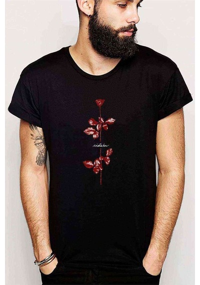 Red Flowers Roses Baskılı Siyah Erkek Tshirt