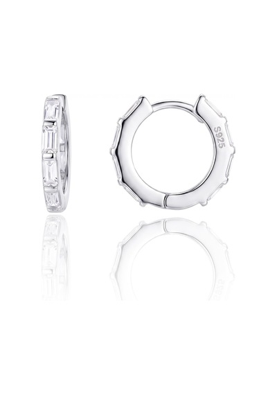 925 Ayar Gümüş Işıltılı Sıra Baget Kesim Zirkon Taşlı Halka Küpe - Zirkon Huggie Kadın Küpe Barcode Gümüş - Rodyum