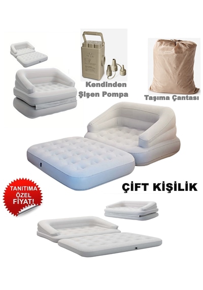 Ky14 Şişme Koltuk Yatak Kendinden Şişen Hava Pompası Katlanır Hava Yatağı Taşınabilir Konforlu Kanepe Açık Bej