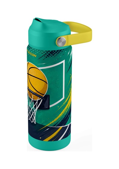 Puccon 540 Ml Basketbol Topu Baskılı Yeşil - Turuncu Erkek Çocuk Pipetli Çelik Termos Matara/suluk - 60060