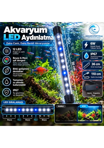 Akvaryum Işığı - Balık Işığı - 36 Cm - 12 Led - Mavi Beyaz - Açma Kapatma Tuşlu - 6w - Güçlü Işık