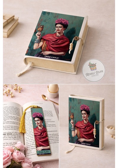 Kitap Kılıfı Ve Metal Kitap Ayracı Seti Frida Kahlo Kelebekler