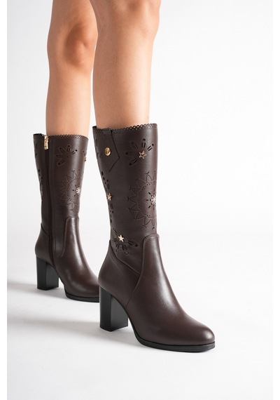 Analin Shoes Kadın Hakiki Deri Yıldız Ve Lazer Kesim Detaylı Topuklu Çizme Kahve