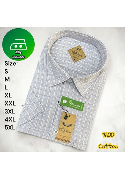 Eren Style Linen Keten Klasik %100 Cotton Kısa Kollu Ekose Pamuklu Tek Cepli Terletmeyen Gömlek Gri