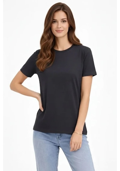 De'charme Bisiklet Yaka Tişört Regular Kalıp Basic Pamuklu Günlük Kullanım T-shirt - Füme