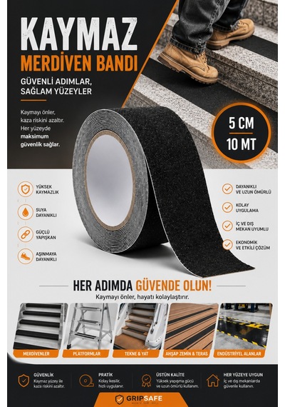 5 Cm X 10 Mt Kaymaz Merdiven Bandı Siyah Güçlü Yapışkanlı Kaydırmaz Zemin Ve Merdiven Güvenlik Bandı
