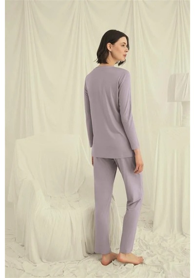 Ang Butik Kadın Uzun Kollu Boydan Düğmeli V Yaka Pijama Takımı Gri