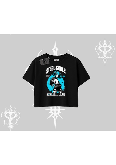 Tarzsokak Oversize Crop Tshirt Anime Cyberpunk Kız Baskılı Siyah
