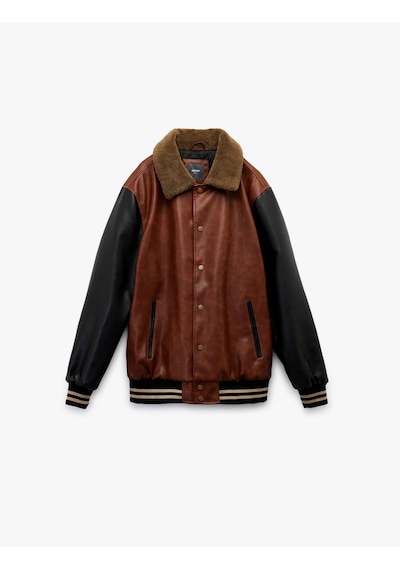 Koton Peluş Yaka Renk Bloklu Çıtçıt Düğmeli Cep Detaylı Suni Deri Bomber Ceket Kahverengi 6wam20107hw Koton Peluş Yaka Renk Bloklu Çıtçıt Düğmeli Cep Detaylı Suni Deri Bomber Ceket Kahverengi 6wam20107hw