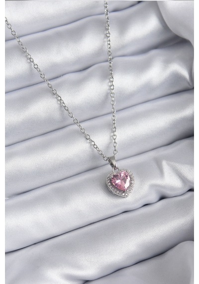 Ezoconcept 316l Çelik Zincir Gümüş Renk Pembe Zirkon Taş Charm Model Kadın Kolye