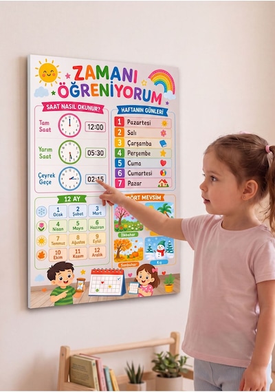 4'lü Okula Hazırlık Eğitici Çocuk Tablo Seti, Alfabe, Sayılar, Saat, Vücudumuz Ve Temel Kavramlar Montessori Öğrenme Panosu