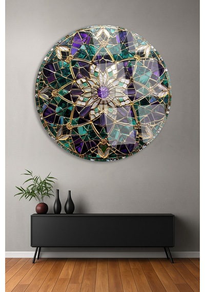Altın Mandala Çiçek Desenli Yuvarlak Cam Tablo Modern Duvar Dekoru Uv Baskılı Canlı Renkler Yatak Odası Ve Antre Yeni Ev Hediyesi