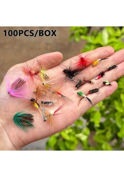 Valkyrie 100 Parça Yapay Sinek İğne Seti Fly Fishing Kutulu Alabalık Balıkçılık Tüylü Sahte Yem