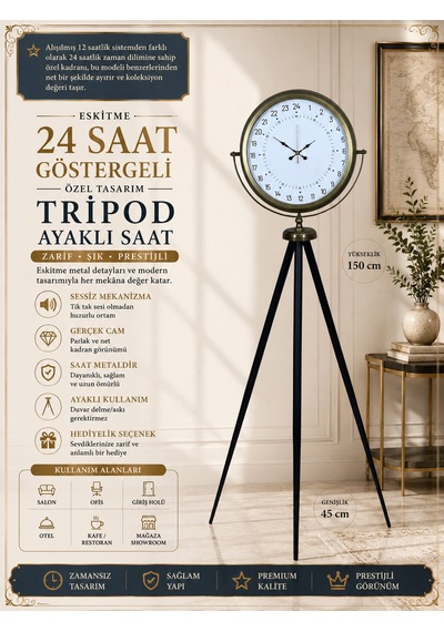 Eskitme 24 Saat Göstergeli Özel Tasarım Tripod Ayaklı Saat 24 Saat Göstergeli Beyaz Kadran