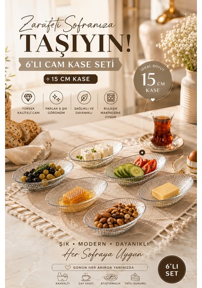 Porsima Viko 4473 6'lı Oval Cam Kase Seti 15 Cm Çerezlik, Reçellik, Kahvaltılık Ve Sosluk