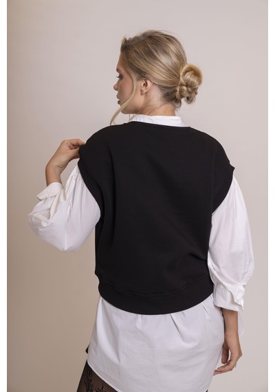 Afloow Delicate Kadın Siyah %100 Pamuk Oversize Kolsuz Süveter Şık Ve Rahat Basic Yarım Kollu Yelek Siyah