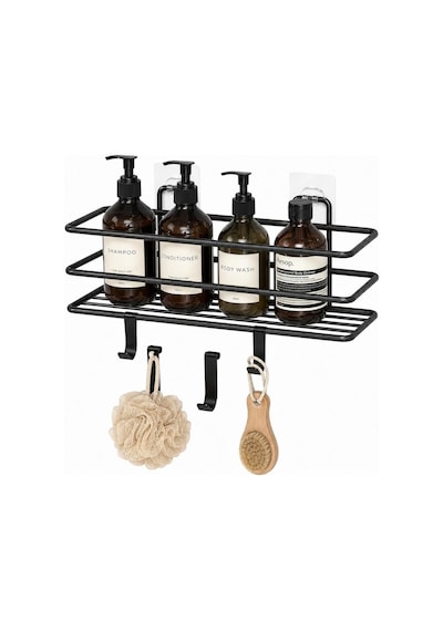 Siyah Yapışkanlı Banyo Rafı, 2 Kancalı Duvar Tipi Banyo Organizer, Şampuanlık Ve Aksesuar Rafı, Delmeden Kolay Kurulumlu Metal Banyo Düzenleyici 000 Açık Krem