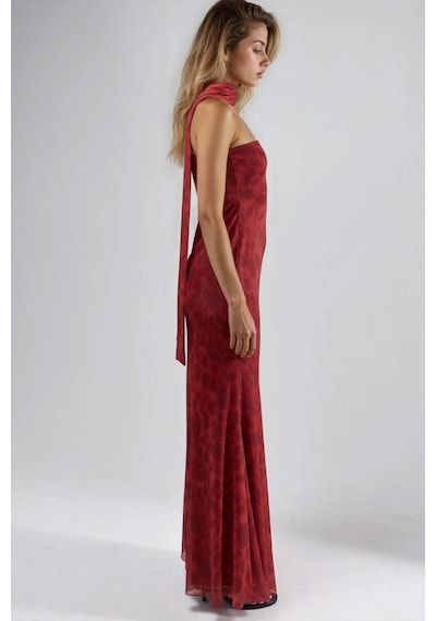 Hiccup Straplez Çiçek Desenli Tül Kuşaklı Bodycon Maxi Elbise Kırmızı