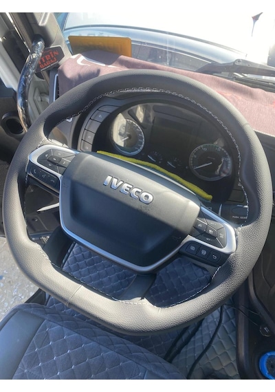 Dikişli Direksiyon Kılıfı Siyah Deri Mavi Dikişli Iveco Tır Kamyon Gri