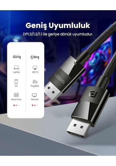 Ugreen 8k 60hz Displayport To Displayport 1.4 Örgülü Kablo, 1.5m, 80391