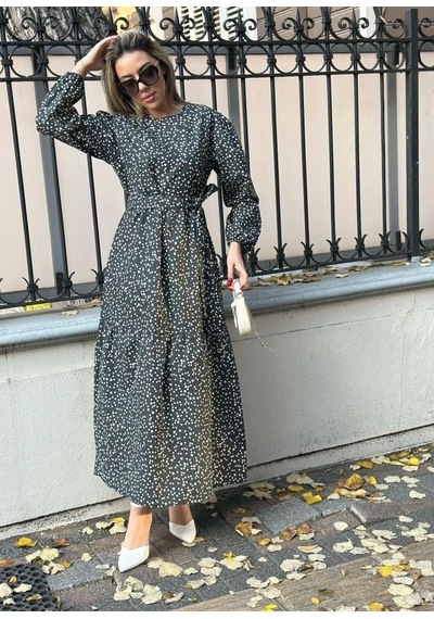 Defymoda Kadın Uzun Kollu Bisiklet Yaka Papatya Desen Kuşak Dahil Maxi Boy Elbise Siyah