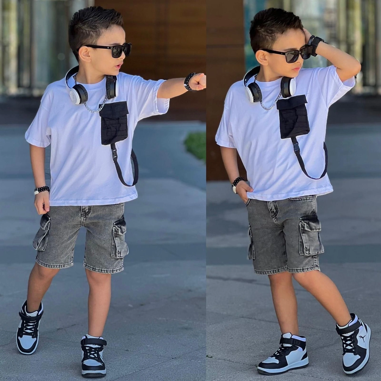 Cg Kids Paraşüt Cep Detaylı T-shirt Komando Cepli Jean Erkek Çocu Beyaz