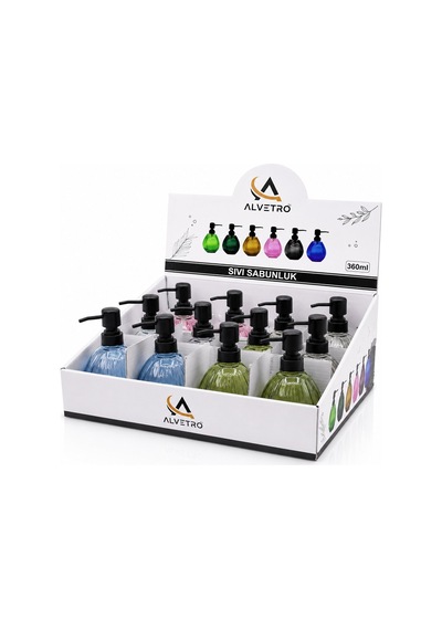 Alvetro Alv-03 Sıvı Sabunluk 360ml Altıgen Çizgili Desen Şeffaf Renkli Cam - 12'li Paket Diğer
