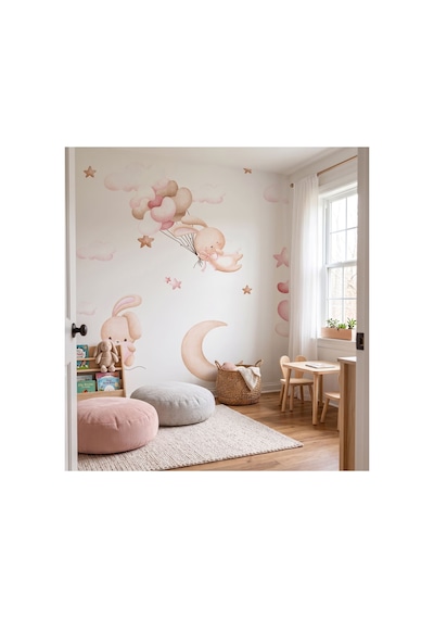 Pembe Bulutlar Bunny Çocuk Odası Poster Duvar Kağıdı Çok Renkli