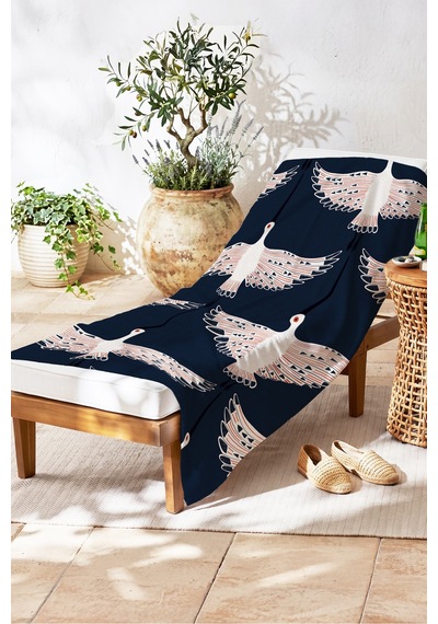 Turna Kuşu Lacivert Plaj Havlusu - Modern Marine Beyaz Kırmızı Hızlı Kuruyan Mikrofiber Havlu Donuk Melisa