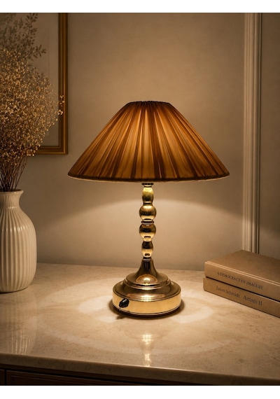 6 Farklı Renk Pilli Abajur Kumaş Başlıklı Gold Kaplama Ayak 36x30cm Bal Köpüğü