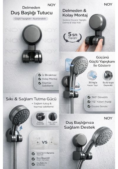 Duş Başlığı Tutucu Yapışkanlı Su Geçirmez Ayarlanabilir Banyo Duvar Aparatı Gri