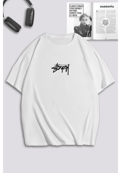 Unisex Kadın Erkek Grafitti Zar Baskılı Özel Tasarım Oversize T-shirt Beyaz Mck0067 Beyaz
