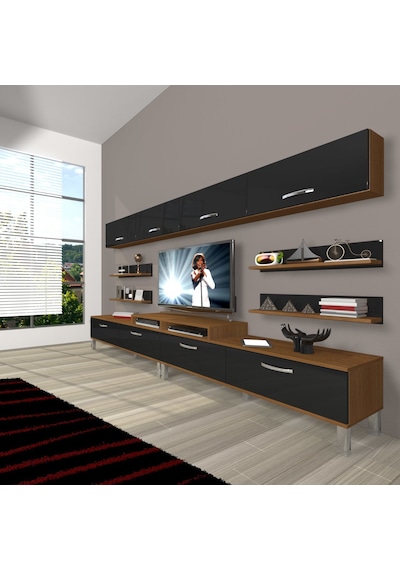 Decoraktiv Ekoflex 360y Slm Krom Ayaklı Tv Ünitesi Tv Sehpası Ceviz - Siyah