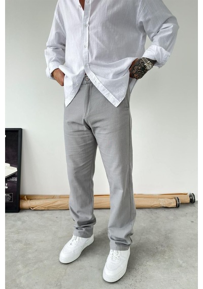 Gri Baggy Keten Pantolon