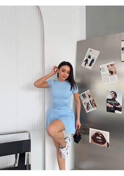 Elaxi Kadın Mikro Kumaş Şort Etekli Alt Üst Takım Mini Spor Şık Kombin Mavi