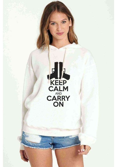 Carry On Baskılı Beyaz Kadın Kapşonlu Sweatshirt