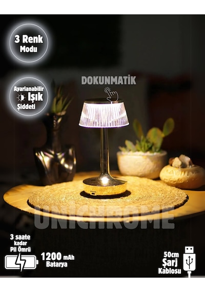 3 Işık Renkli Şarjlı Masa Lambası Gold Metal Görünümlü Gece Lamba