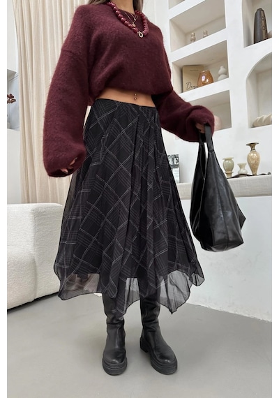 Asur Boutique Asur Butik Kadın Asimetrik Kesim Şifon Astarlı Etek Siyah