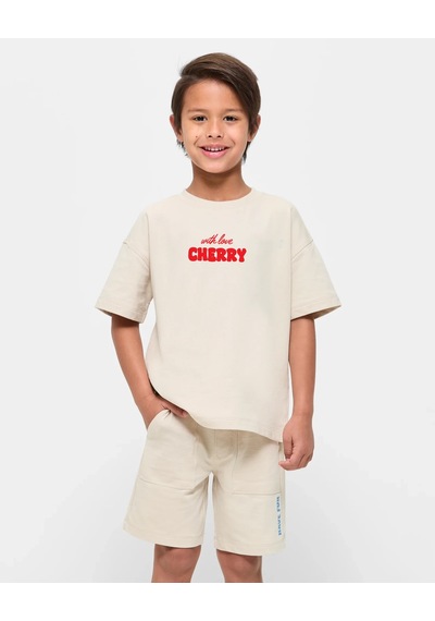 Uyguntarz Çocuk Cherry Baskılı Pamuklu Tshirt Bej