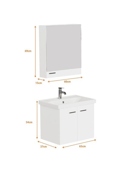 Aqua Bagno Basic Alt Dolap + Üst Dolap - Lavabo 65 Cm Beyaz S.50.02.33.04.01 Beyaz