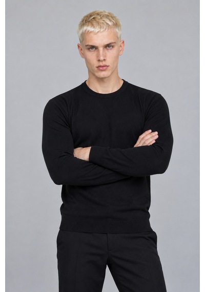 Hk Premium Erkek Fitilli Slim Fit Bisiklet Yaka Triko Kazak Siyah