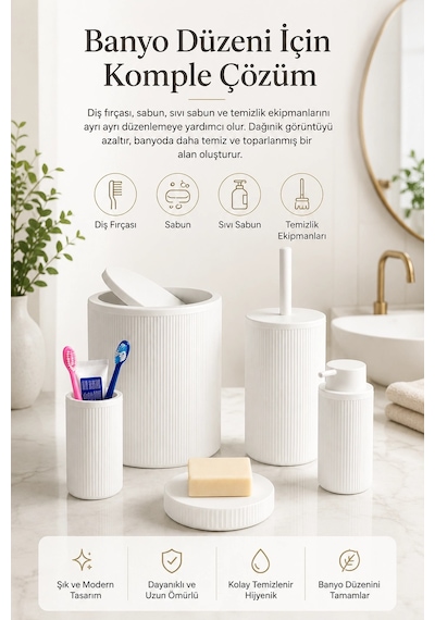 Beyaz Banyo Düzenleyici Set 5 Parça Çöp Kovası Tuvalet Fırçası Sabunluk Fırçalık